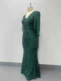 2026 Plus Size Luxury Green Evening Dresses Women Chiffon Sleeve Mermaid Formal Sequins Prom Wedding Party Cocktail Gowns