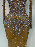 Women Sparkly Diamonds Mesh See Through Bodycon Dress Evening Birthday Party Sexy Nightclub Bar Stage Costume