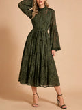 Elegant Vintage Green Lace Midi Dress for Women High Neck Sheert Flare Sleeve Belted Waist Desgin for Luxury Dinners Party