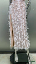 Women's Luxury Feather Rhinestone Beaded Glam Sheer High Slit Tube Top Dress Fashion Hot Birthday Party Banquet Performance Gown