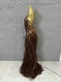Elegant Brown Floowy Lace Women Sexy Spaghetti Strap V-Neck Tulle Ruffle High Slit Bodycon Outfit Evening Gala Party Costume