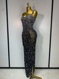 Luxury Rhinestones Sexy Mesh See Through Bodycon Dress Women Birthday Evening Cocktail party Gown Red Carpet Club Stage Outfit