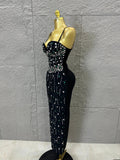 Sophisticated Black Bandage Midi Dress Women Spaghetti Strap Sweetheart Neck Rhinestone Emerald  Bodycon Evening Gown