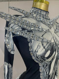 Sexy Sparkle Diamond Long Sleeves Printed Stretch Jumpsuit Eveing Birthday Party Luxury NightClub Stage Costume Festivals Outfit
