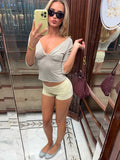 Deep V Neck Sleeve Ruched Cropped Top Wrap Front Slim Stretch s2026 Spring Summer Chic b Lady Women Sexy Minimalist Blaze