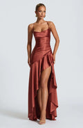 Sexy Satin Long Dress Luxury Ruffles Backless Bandage Evening Dresses Red Burgundy Blue Wedding Guest Cocktail Party Summer New