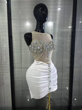 Women Sleeveless Sexy O-Neck Shining Crystal Bodycon Mini Dress Velvet Celebrate Evening Party Birthday Photoshoot Wear
