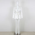 Elegant Beaded pearls blazer pants set Suits women flower white slim blazer +Sexy Mesh See Through sequin Trousers two-piece set