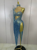 Sparkly Diamond Blue Rhinestone Mesh One Shoulder Tassel Dress Sexy Eveing Party Bar Nightclub Stage Costume Latin Dance Outfits