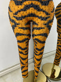 Sparkly Crystal Tiger Stripe Print Women Sexy Sleeveless Stretch Hollow Out Jumpsuit Nightclub Stage Performance Dance Costume