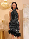 Women Sexy Off Shoulder Diamond Feather Halter Mini Bandage Dress For Women Backless Celebrate Evening Party Dresses Gown