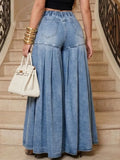 Women Denim Jeans High Waist Super Wide Leg Flared Pleated Washed Streetwear Fashion Casual Summer