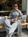 Grey Long Sleeve 2 Piece Outfit Chic Lapel Zip Slim Top Long Fringe Wide Leg Pants 2026 Autumn Women Casual Lady Matching Set