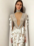 Women Elegant Sparkly Diamond Pearls Leaf Long Sleeves Mesh Sheer Maxi Dress Eveing Birthday Party Sexy Nightclub Stage Costume