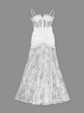 Sexy Spaghetti Strap Beaded Tassel Lace Long Dress Women White Sleeveless Bodycon Dresses Elegant Evening Dinner Gowns