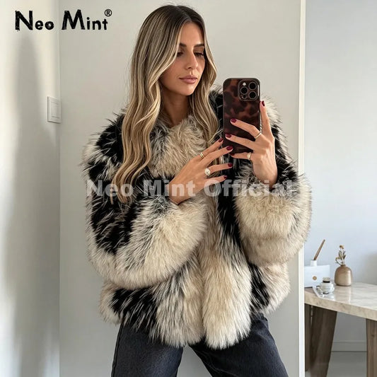 Luxury Brand Design Striped Patchwork Fur Jacket Women Winter Fluffy Faux Fox Fur Coats Chic Girls Thick Warm Outerwear