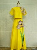 Summer Splicing Flowers Two Piece Sets For Women Short Sleeve Tops High Waist A Line Skirt Slim Set Female Fashion New