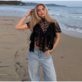 Sexy Cape Style Lace Perspective Top Women Half High Neck Short Sleeve Solid Irregular Pullover Lady Chic Casual Beach Top Cloth