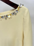 Loose Solid Crystal Bead Elegant Chic Dresses For Women Round Neck Long Sleeve Solid Long Maxi Dress Female
