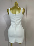 Women Sexy Square Neck Sleeveless Bodycon Bandage Mini Dress Luxury Beaded Tropical Fruit Eveing Party Vacation NightClub Outfit