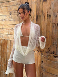 Sexy See Through 3 Piece Set Women Halter Bra+Swing Collar Flared Sleeve T-Shirts+Skinny Shorts Fashion Elegant Set