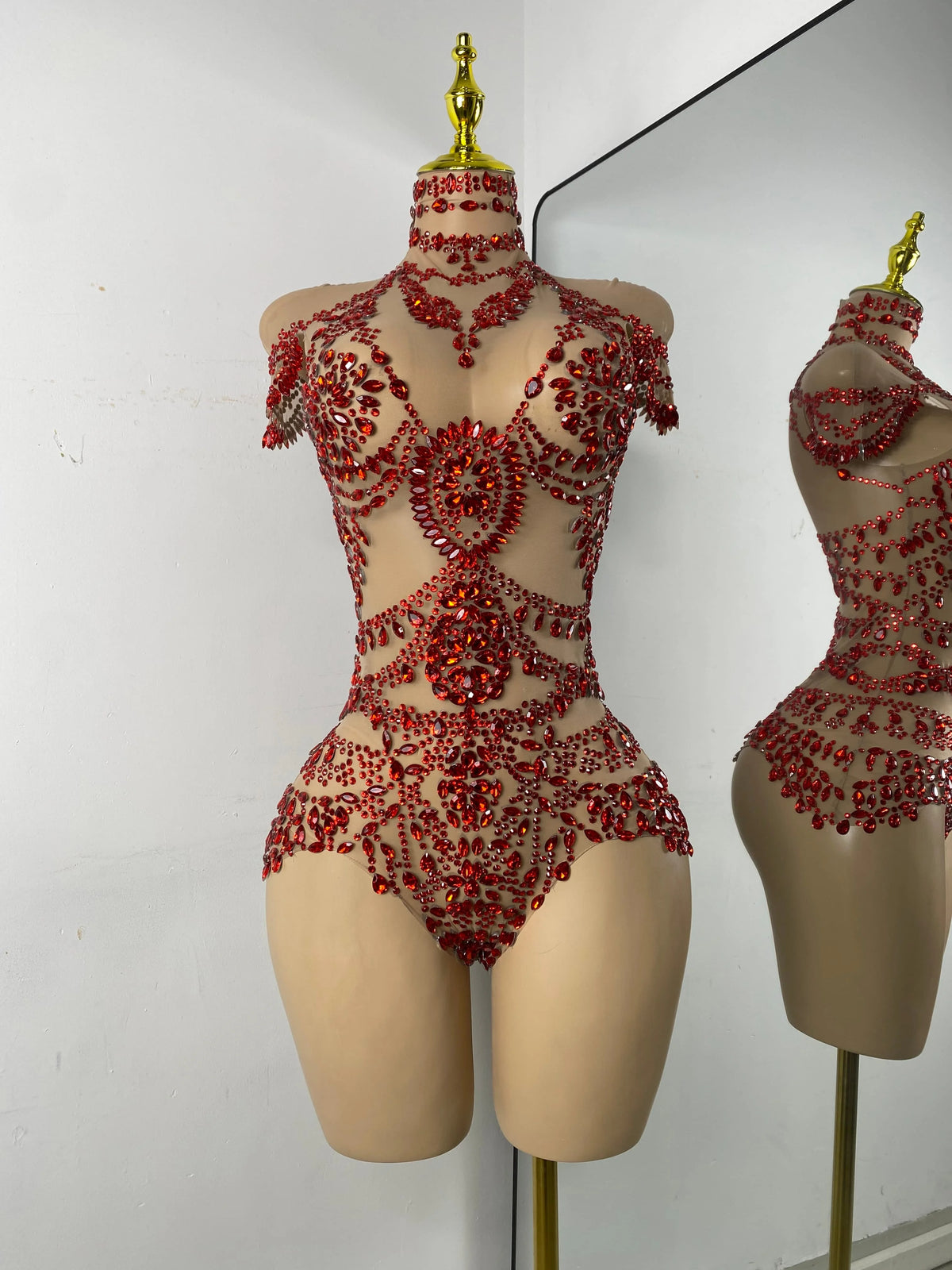 Sparkly Red Rhinestones Women Sexy Mesh See Through High Stretch Bodysuit Nightclub Performance Dance Costume Singer Stage Wear