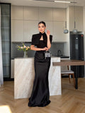 Satin Mermaid Maxi Dress Women Shoulder Pad Cutout Stand Collar Ruched Bodycon Evening Gown Wedding Prom New Hot Luxe Gowns 2026