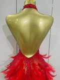 Women Sexy Celebrate Birthday Dress Luxury Rhinestones Pearls Feathers Halter Backless Short Dress Nightclub Bar Stage Costume