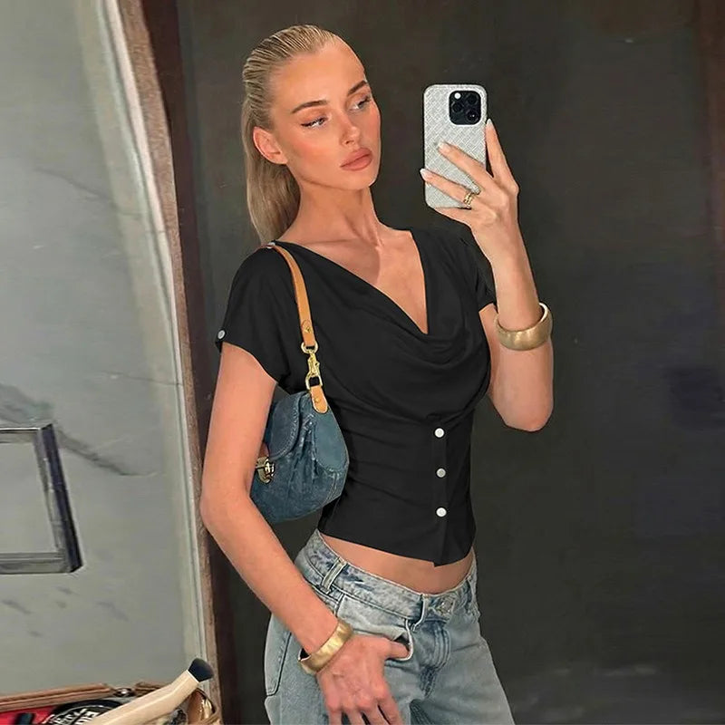 Women Summer Top Fashion Button-Front Patchwork V-Neck Pleated Fitted Top New Casual High-Street Party Female T-Shirts