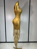 Sparkly Crystal Diamond Gold Sexy See-Through Sheath Dress Nightclub Performance Custome Stage Wear Birthday Evening Party Dress