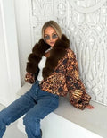 Zebra Print  Fur Collar Puffer Jacket Womens Button Down Trendy Warm Coat Fall Winter Party Club Streetwear Cozy Daily Outerwear
