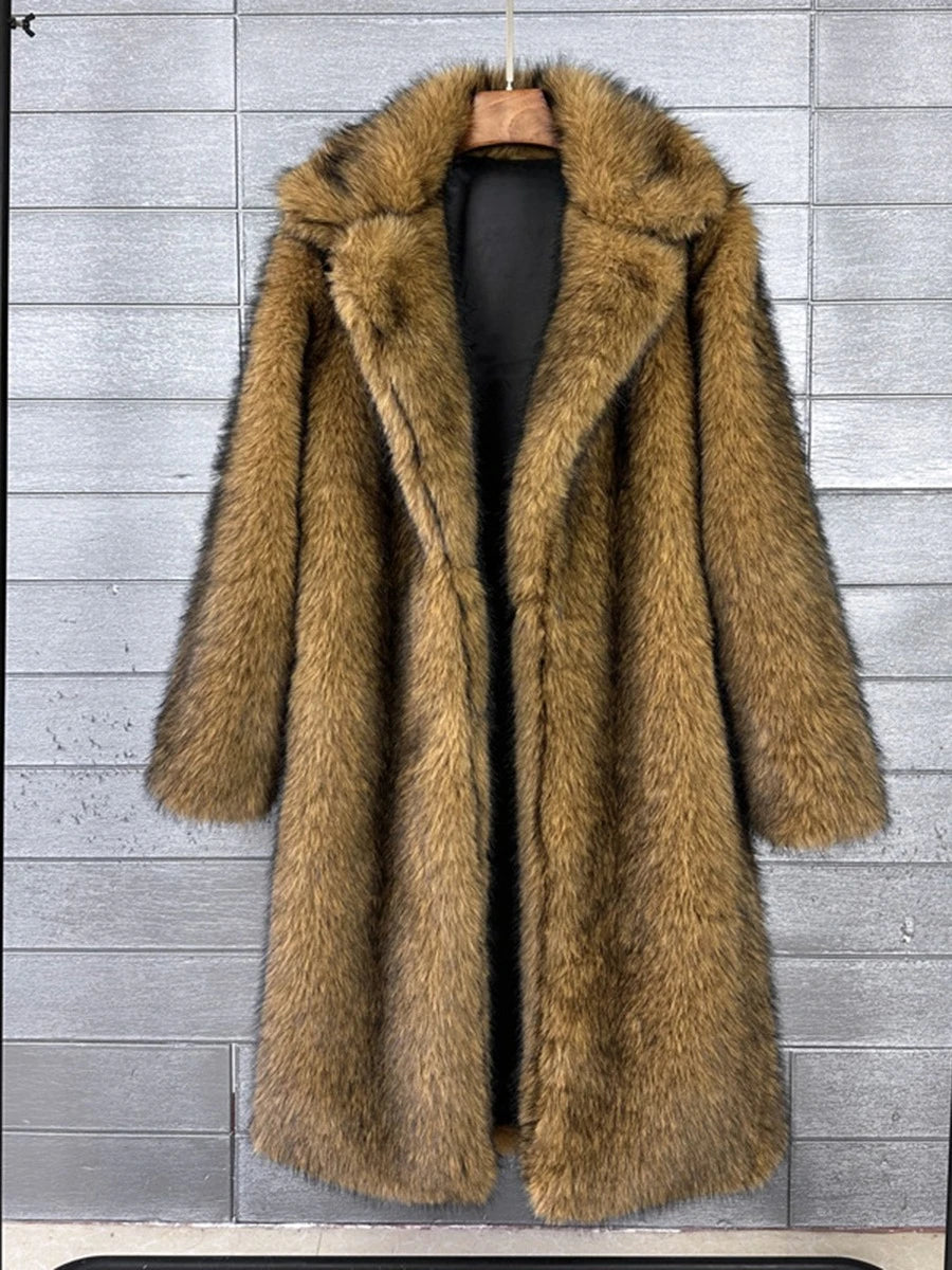 Luxury Patchwork Imitation Fur Mid Length Coat for Women Lapel Long Sleeve Spliced Pocket Loose Winter Coats Female