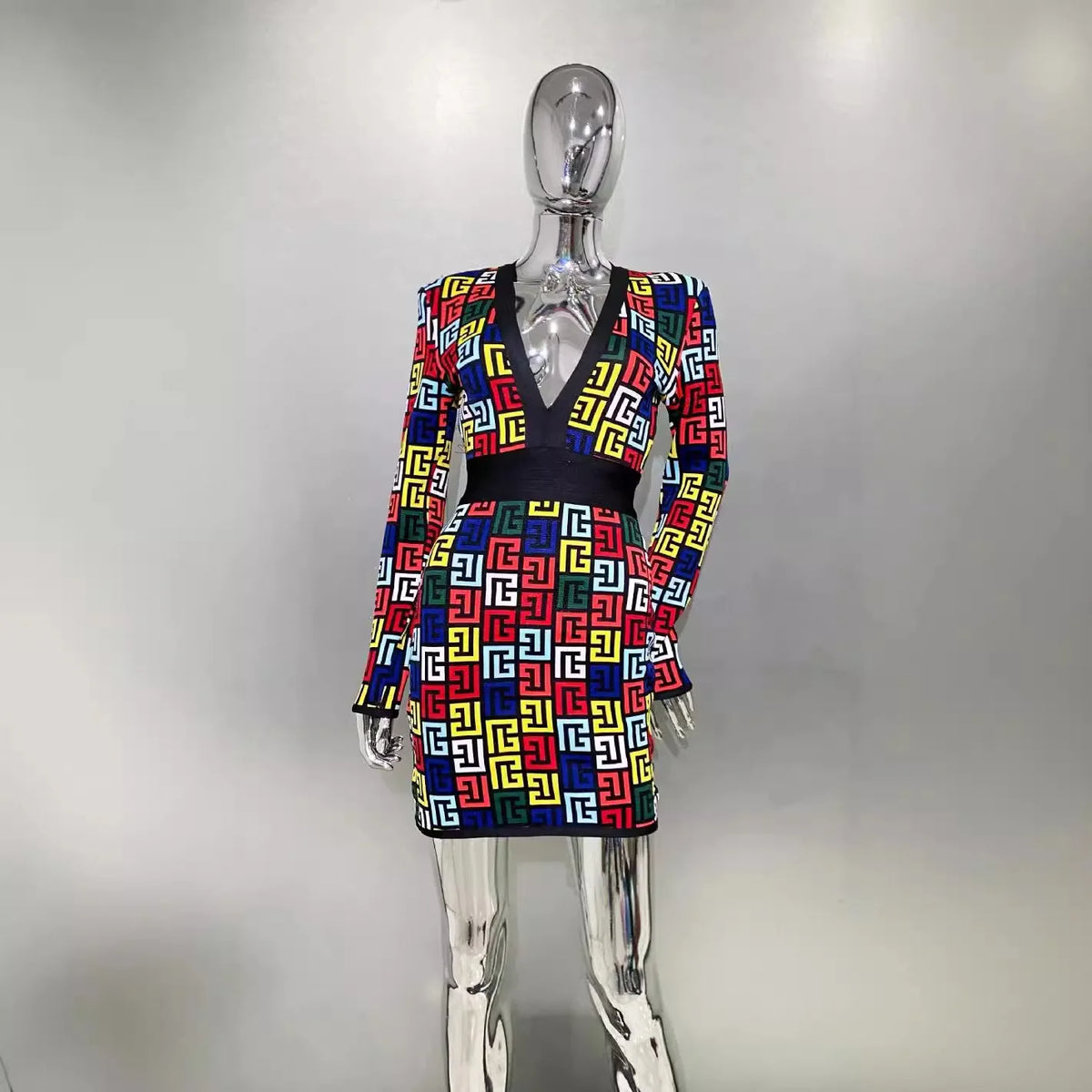 Women's Colorful Printed Jacquard Glam Deep V Mini Dress Fashion Hot Socialite Party Evening Performance Gown Robes Bal De Promo