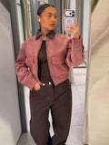 Women's Dusty Pink Corduroy Jacket Fashion Faux Leather Collar Long Sleeve Zipper Cropped Coat Lady 2026 Spring Chic Streetwear