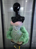 Mint Color Women Sexy Strapless Shining Rhinestones Ball Gown Mini Dress Cute Celebrate Birthday Party Performance Costumes