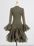 Women's Irregular Pleated Patchwork Fashion Long Flare Sleeve Waist Cinching Midi Dresses 2026 New Female Clothing