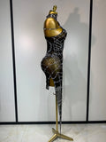 Women Luxury Black Mesh See Through Crystal Diamond Bodycon Dress Sexy Evening Party Club Nightclub Dress Singer Stage Costume