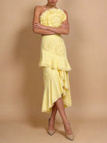 Elegant Pink Two Piece Set for Women Lace Trim Tube Top Asymmetrical Tiered Ruffles Midi Skirt Outfits for Beach Getaways