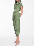 Elegant Spliced Shawl Long Dress for Women Sleeveless High Waist Patchwork Folds Dresses Female New