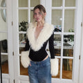 Women 2026 Fall Deep V Neck Furry Cuff Long Sleeve Short Jumpsuit Slim Fit Romper Shorts For Nightclub Date Evening Party Wear