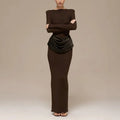 Elegant Style Pencil Dresses for Women O Neck Shoulder Pud Long Sleeve High Waist Pleated Slim Maxi Dress Female