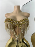 Sparkly Diamonds Top Mini Skirt Sets Gold Nightclub Performance Outfit Luxury Party Stage Celebrity Two Pieces Sets