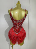 Sparkly Silver Rhinestones Pearl Tassels Bodysuit 2025 New Women Sexy Eveing Birthday Party Nightclub Stage Performance Costume