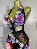 Sexy Halter Mesh See Through Long Dress Women Sparkly Diamonds 3D Flower Evening Party Birthday Photoshoot Nightclub Stage Wear