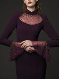 Solid Slim Elegant Trumpet Sleeves Long Dresses for Women Patchwork Diamond Mesh Temperament Dress Female New