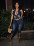 Denim 2 Piece Set Women Summer Halter Wrap Chest Backless Zip Halter Tops+Shorts Matching Hipster Vintage Streetwear