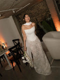 Custom White Strapless High Neck Cape Lace Mermaid Wedding Dress Floor Length Bridal Gown Formal Evening Wear