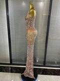 Sparkly Crystal Mesh See Through Women Sleeveless Sexy Bodycon Long Gowns Dress Evening Party Celebrate Birthday Outfit