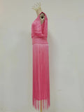 Solid Spliced Tassel Dresses Suit for Women O Neck Sleeveless High Waist Long Dress with Sling Two Piece Set Female