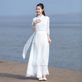 Vietnam Traditional Dress Aodai Chinese Improved Qipao Chiffon Fairy Women Elegant Oriental Improved Qipao Tea Art Hanfu Set